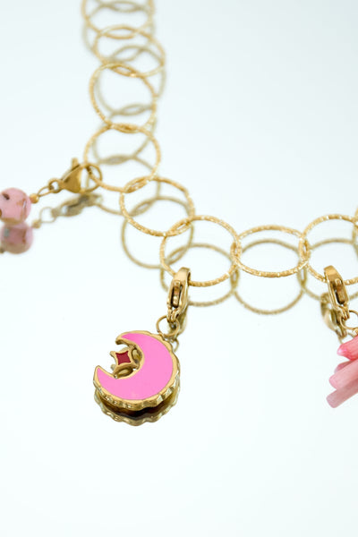 pink moon charm pendant on necklace chain